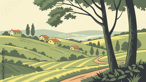 Idyllic Rural Landscape with Rolling Hills, Houses, and Winding Path in Flat Design Style