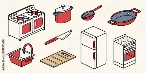 kitchen appliances and utensils for cooking and food preparation Vector