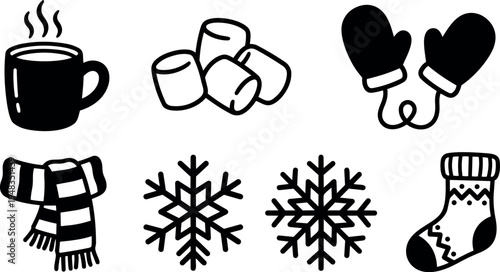Black and white winter icons including hot drink cup marshmallows mittens striped scarf snowflakes and patterned sock set