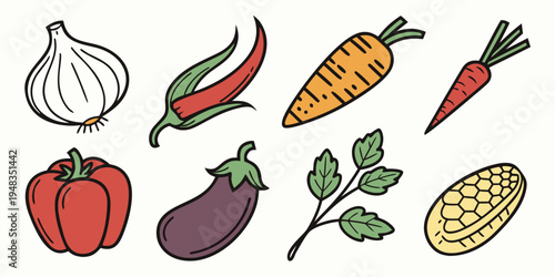a variety of colorful vegetables and fruits Vector