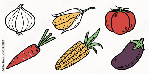 a group of fresh vegetables and corn Vector
