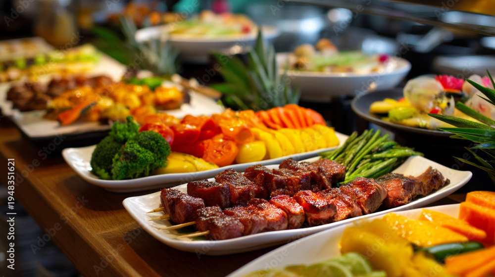 Obraz premium A vibrant spread of food on a table with various dishes and vegetables