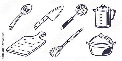 a collection of kitchen utensils and cookware Vector