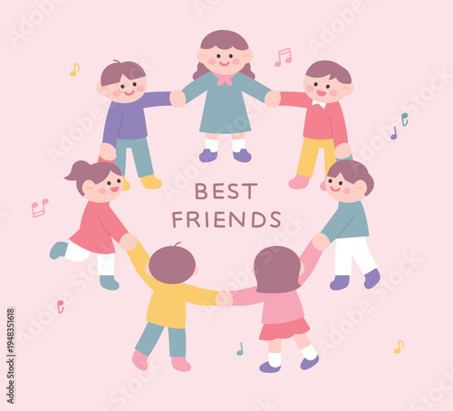 A group of diverse children holding hands in a circle with best friends text