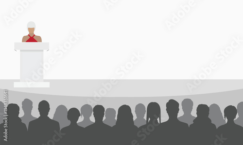 Businesswoman standing behind a podium tribune while giving public speech