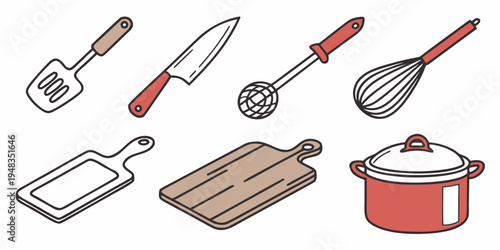 a collection of kitchen utensils and cookware Vector