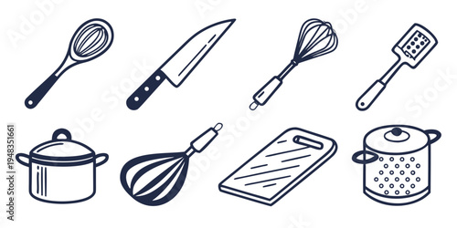 a collection of kitchen utensils and cookware Vector