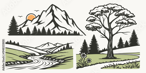 a scenic landscape with a mountain, tree, and river Vector