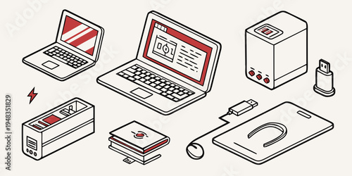 a collection of computer and office equipment Vector