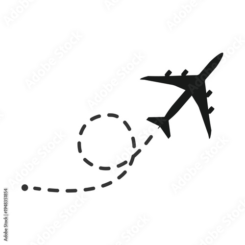 Airplane line path vector icon. Air plane flight route with start point and dash line trace