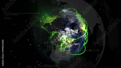3D globe emitting green glow at S America, Africa, tracing arcs to N America, visualizing tech