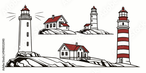 a group of lighthouses and houses on a rocky coastline Vector