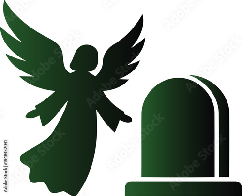Green angel silhouette with wings standing next to tombstone on transparent background