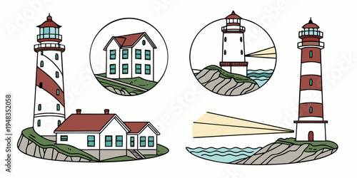 a set of lighthouse and house illustrations Vector