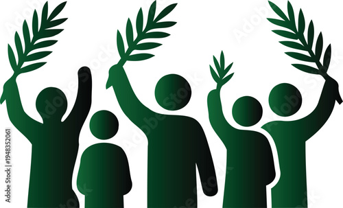 Green silhouettes of people holding up leaves in celebration isolated on transparent background