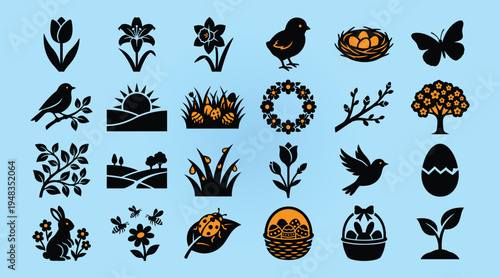 Fotografía Black silhouettes of springtime icons including flowers birds nests eggs butterf