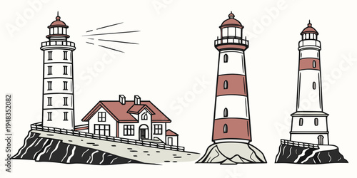 Three lighthouses standing on rocky coastlines Vector