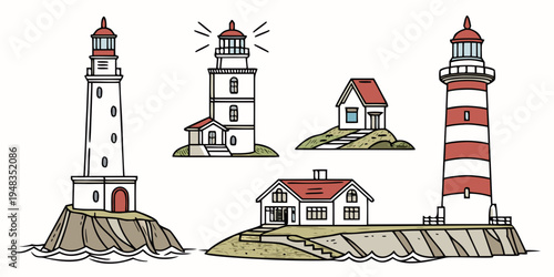 a set of cartoon lighthouses and houses on rocky shores Vector