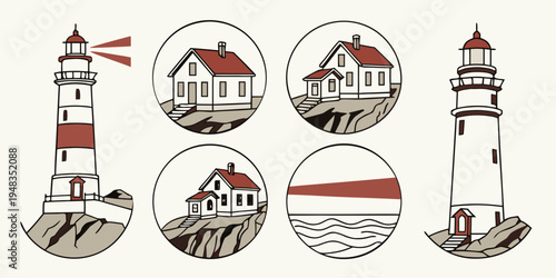 a set of lighthouse icons and a house by the sea Vector
