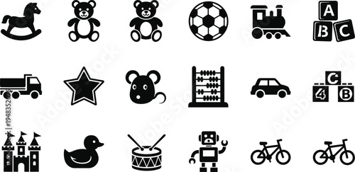 Black Toy Icon Vector Set Featuring Rocking Horse Teddy Bear Soccer Ball Train Alphabet Blocks Truck Castle Rubber Duck Drum Robot and Bicycle Symbols