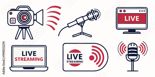 live streaming icons with camera microphone and monitor Vector