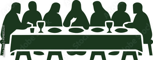 Silhouette of people sitting around a table with plates and glasses  last supper scene  people eating together  meal time
