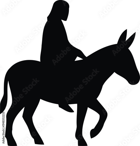 Silhouette of a person riding a donkey from side view in simple style