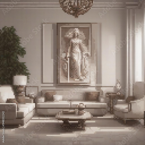 A living room with a large statue of Justice, a potted plant, and a vintage-style couch.