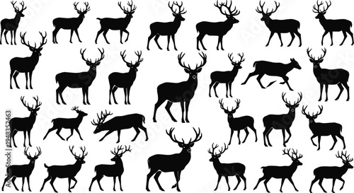 Black Silhouette Collection of Wild Deer Buck Reindeer and Stag Set Isolated on White Background for Hunting Logos Wildlife Nature Design and Outdoors Graphic Elements