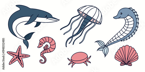 a group of sea creatures including a dolphin and a seahorse Vector
