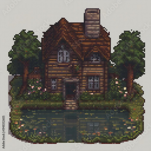 A pixel art image depicts a charming wooden house with a stone chimney, a pond, and a lush green background.