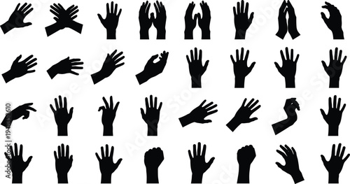 Collection of human hand silhouettes in various gestures including waving clapping praying pointing and open palms isolated on a white background for communication designCollection of human hand 