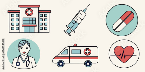 medical icons including hospital building and ambulance Vector