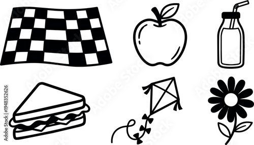 Simple black and white vector icons set with sandwich apple kite flower and checkered flag illustrations