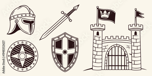 a set of medieval symbols including a helmet sword shield crest and castle Vector