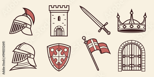 medieval icons including helmets and sword Vector