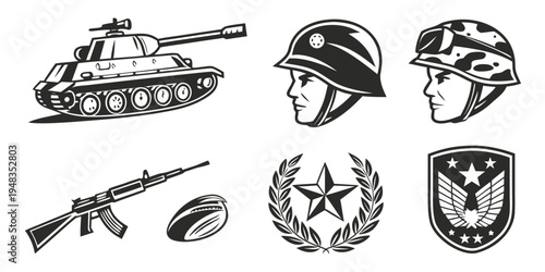 military symbols including tank helmet rifle and shield Vector