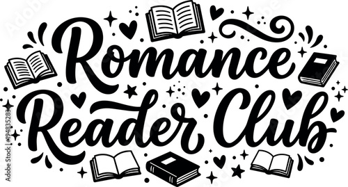Hand lettering romance reader club text with scattered books hearts and stars decorative black vector art