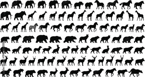 Large Black Silhouette Collection of Wild Animals Including Elephants Giraffes Bears Horses and Deer Isolated on White Background for Wildlife Nature and Safari Design Projects