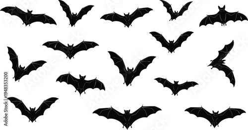 Large Set of Flying Bat Silhouettes Featuring Various Wing Spans and Poses Isolated on White Background for Halloween Spooky Night and Wildlife Nature Design Projects