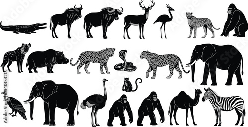 Large Collection of African Safari Wildlife Animals Silhouette Including Elephant Gorilla Cheetah Zebra Hippo and Rhino Isolated on White Background for Educational Graphic Design Projects