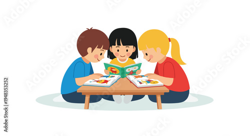 Three happy children, two boys and a girl, sit around a small table, joyfully engaged in reading colorful picture books together.