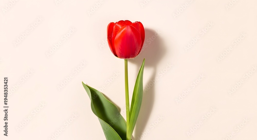 Fototapeta premium A single vibrant red tulip stands tall against a soft, neutral background, its green stem and leaves providing a natural contrast.