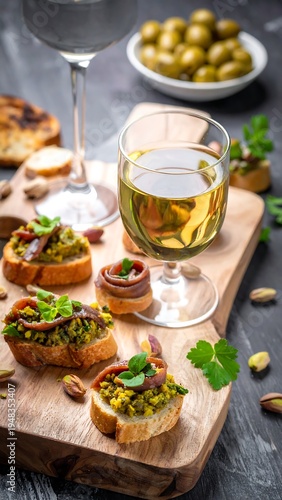 Appetizers, wine, and olives on a wooden board