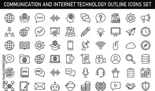 Communication and Internet Technology Outline Icons Set with Chat Media Network Online Service Line Vector Collection