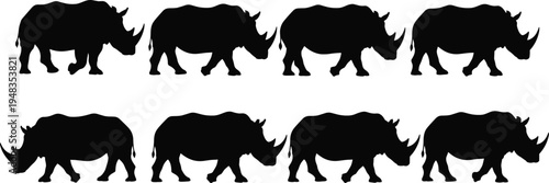 Set of African Rhinoceros Silhouettes Featuring Large Rhino Horns and Heavy Body Shapes Isolated on White Background for Wildlife Safari and Conservation Design Projects