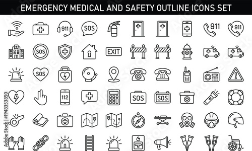 Emergency Medical and Safety Outline Icons Set with SOS Ambulance Rescue First Aid Line Vector Collection