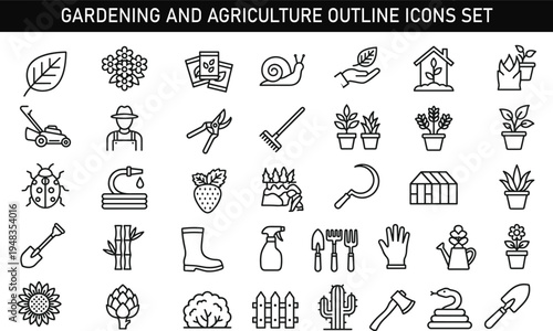 Gardening and Agriculture Outline Icons Set with Plants Farming Tools Garden Care and Nature Vector Collection
