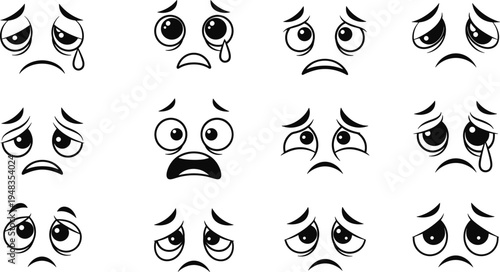 Set of black and white cartoon emoji faces with sad expressions including crying eyes and unhappy mouths for emotional communication and mental health concepts.