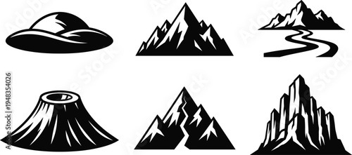 Set of black and white mountain icons featuring various geological formations including volcanic craters, jagged peaks, rolling hills, winding river paths, and rocky cliff faces.